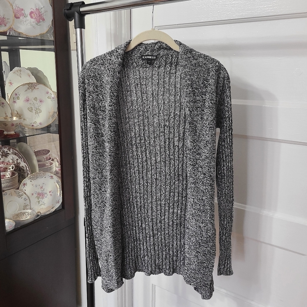Express Speckled Print Ribbed Knit Open Front Cardigan Size Large 100% Cotton